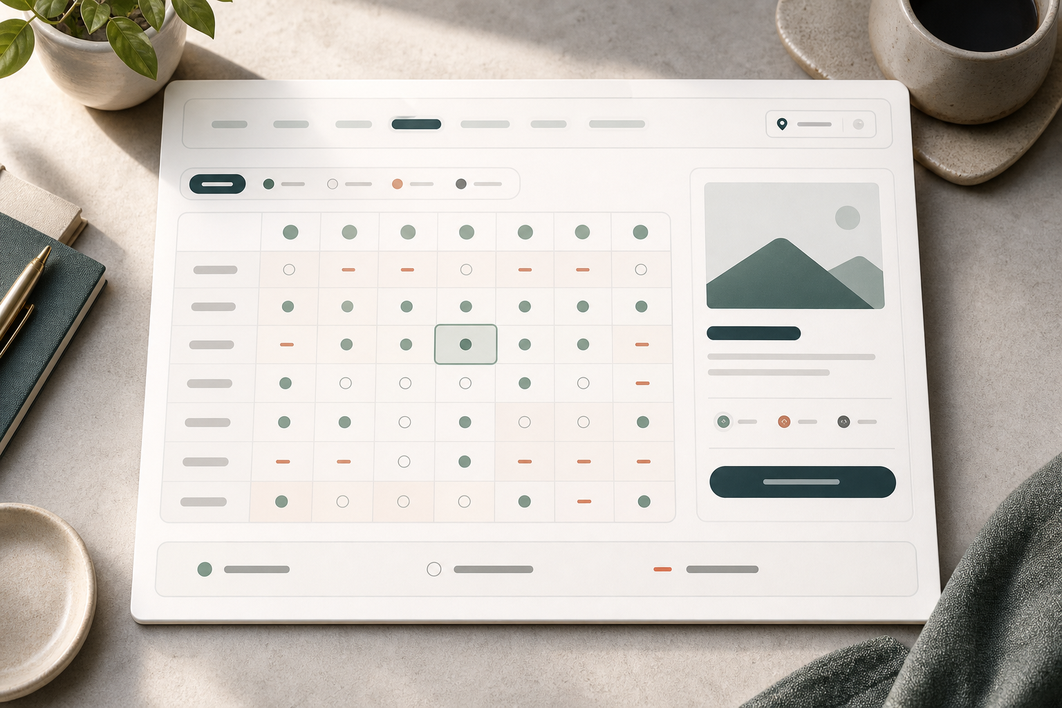 Editorial availability calendar with status grid, slot highlight, and booking preview card.