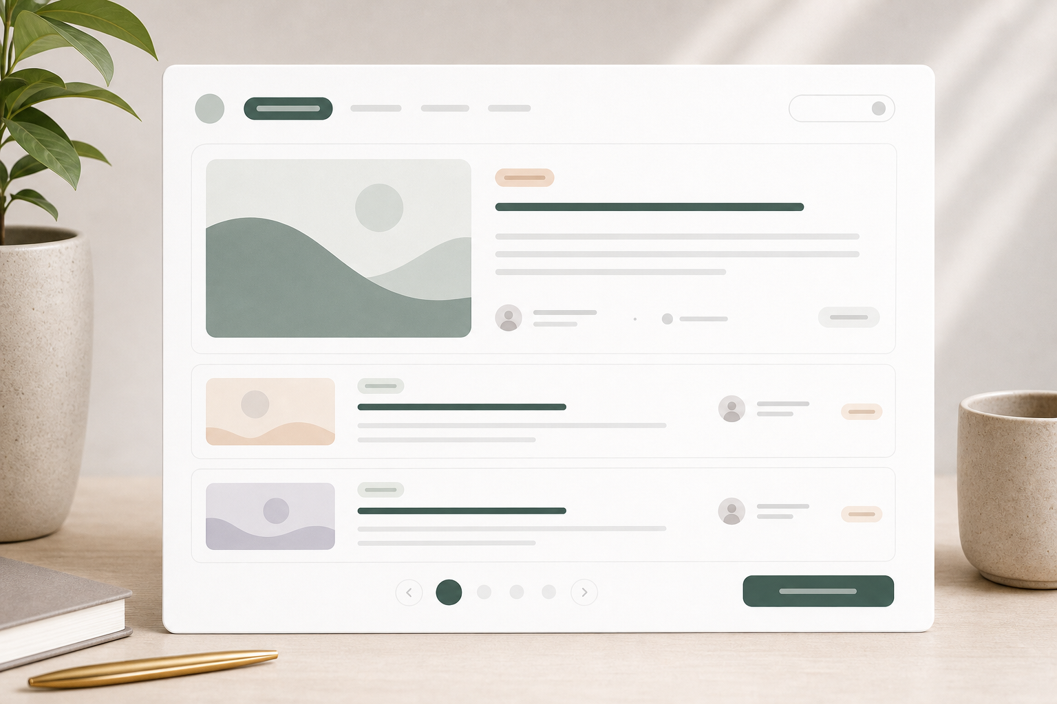 Editorial blog feed module with featured article card, compact rows, and pagination controls.