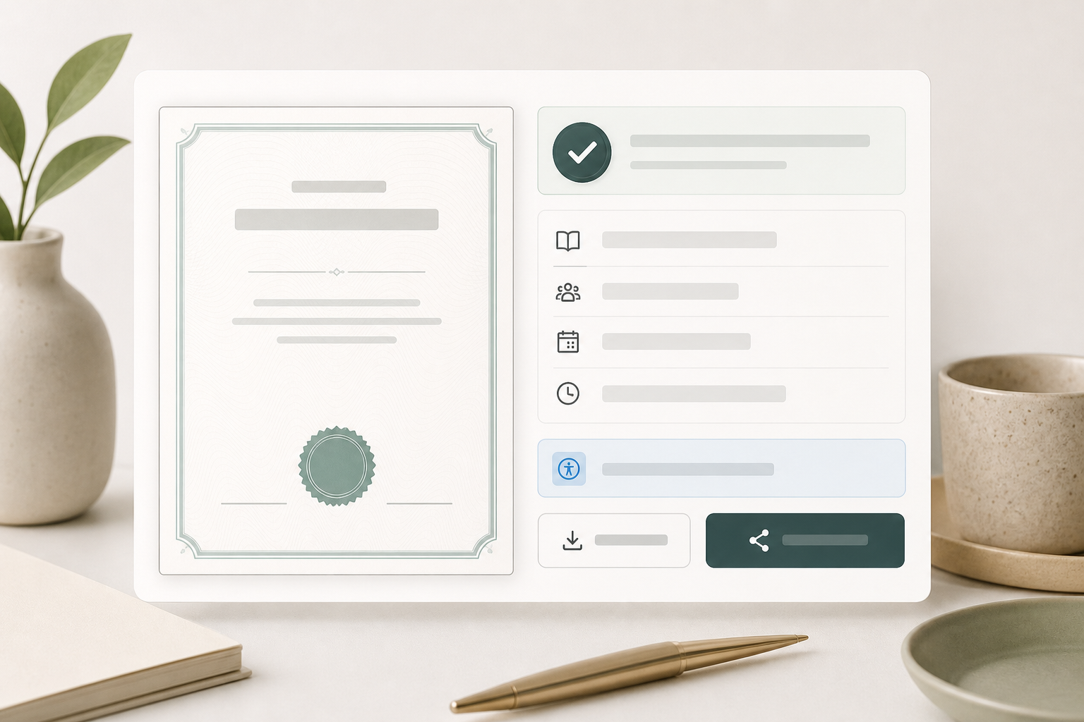 Editorial certificate viewer with document preview, verification, and action controls.
