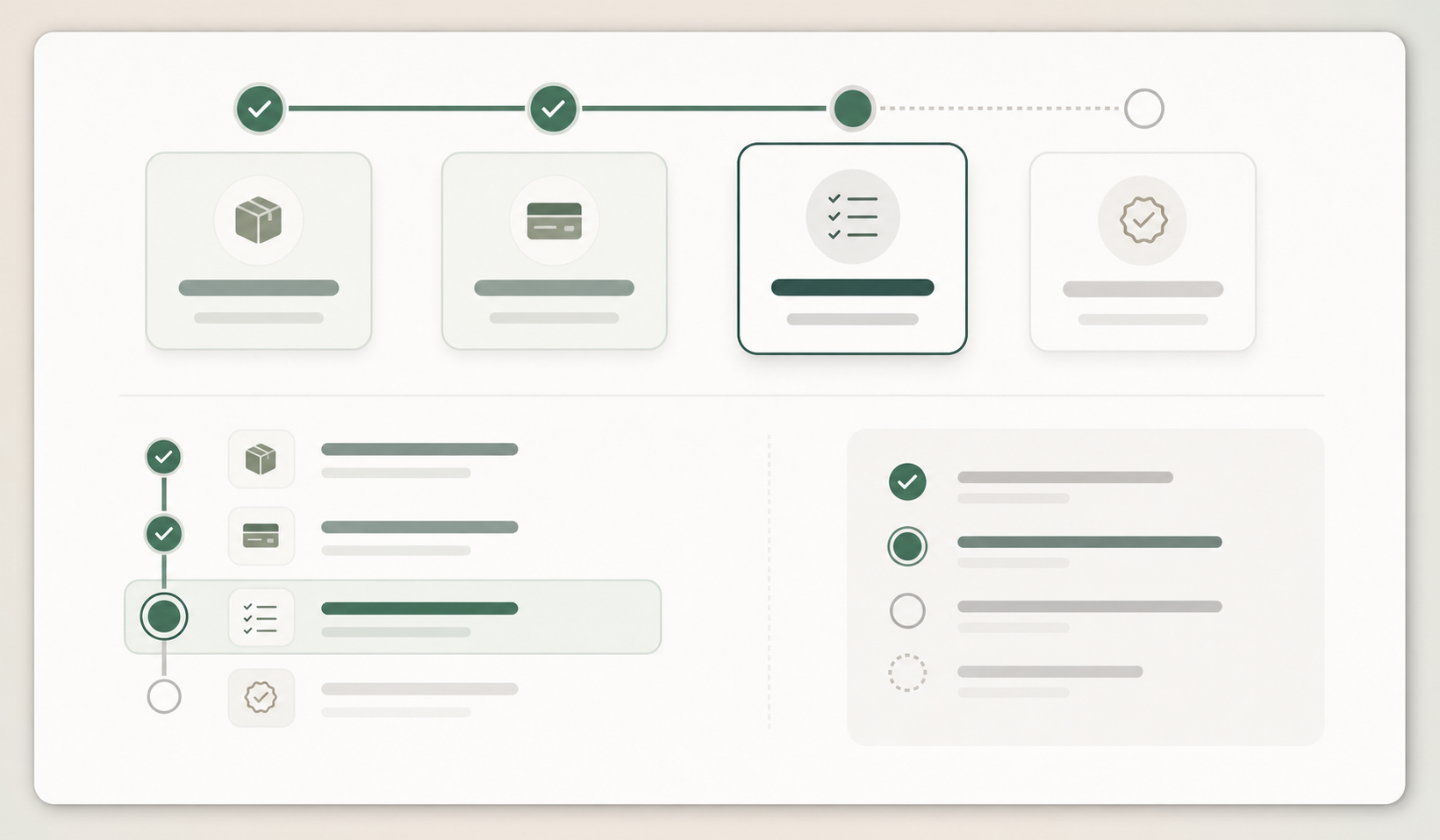 Editorial checkout steps module with progress rail, completed markers, and current step panel.