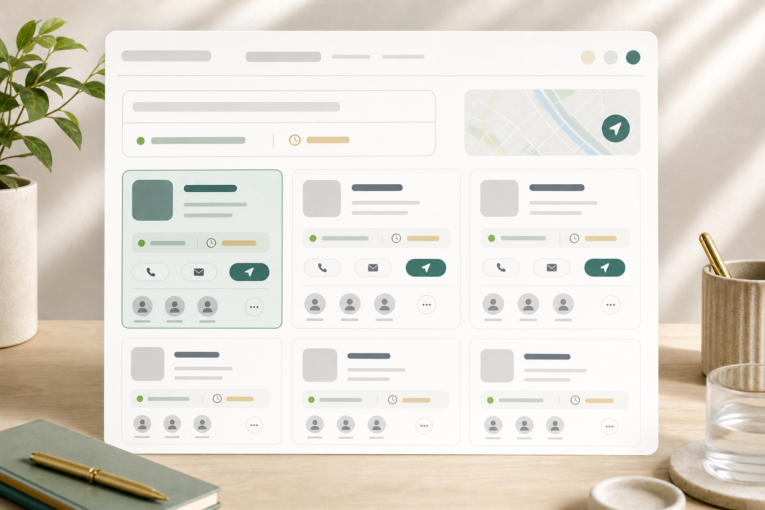 Editorial contact cards module with branch and team cards, hours state, map links, and route icons.