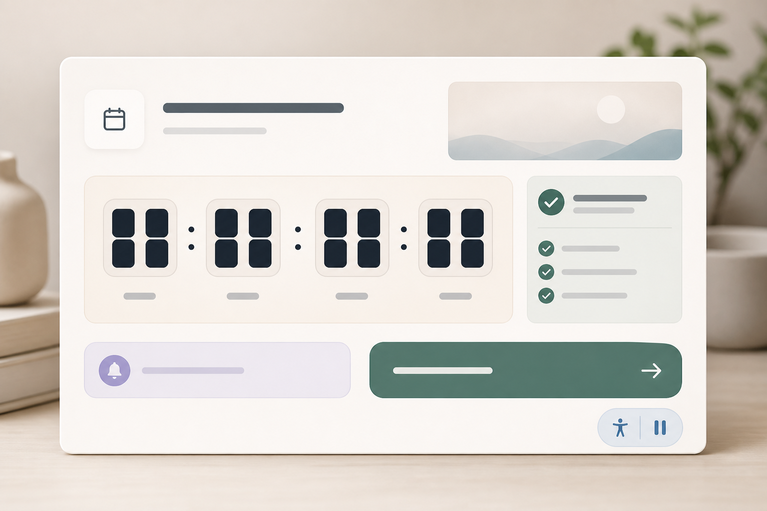 Editorial countdown timer with segmented time blocks, event status, and motion controls.