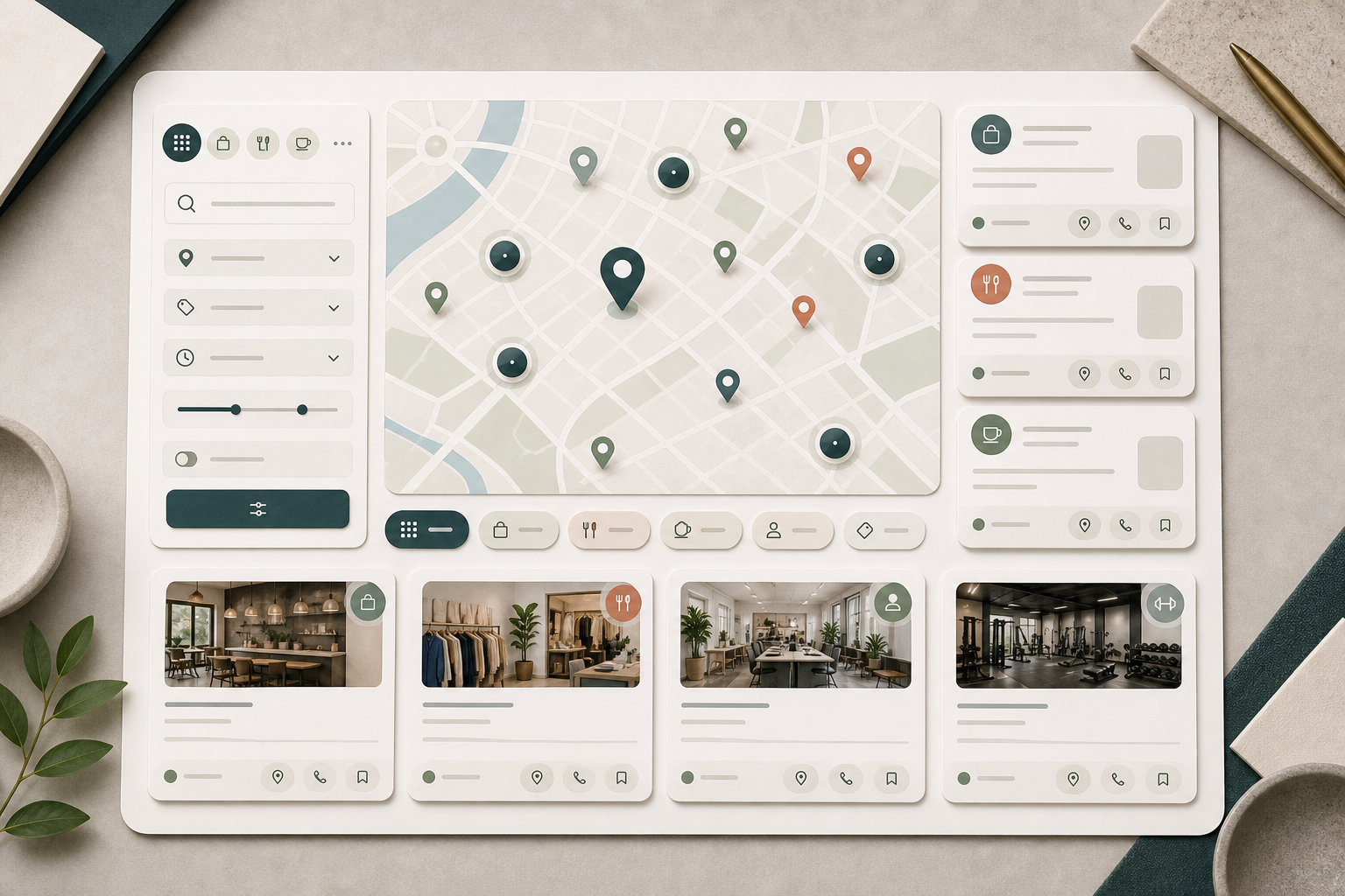 Editorial directory map explorer with category markers and listing preview cards.