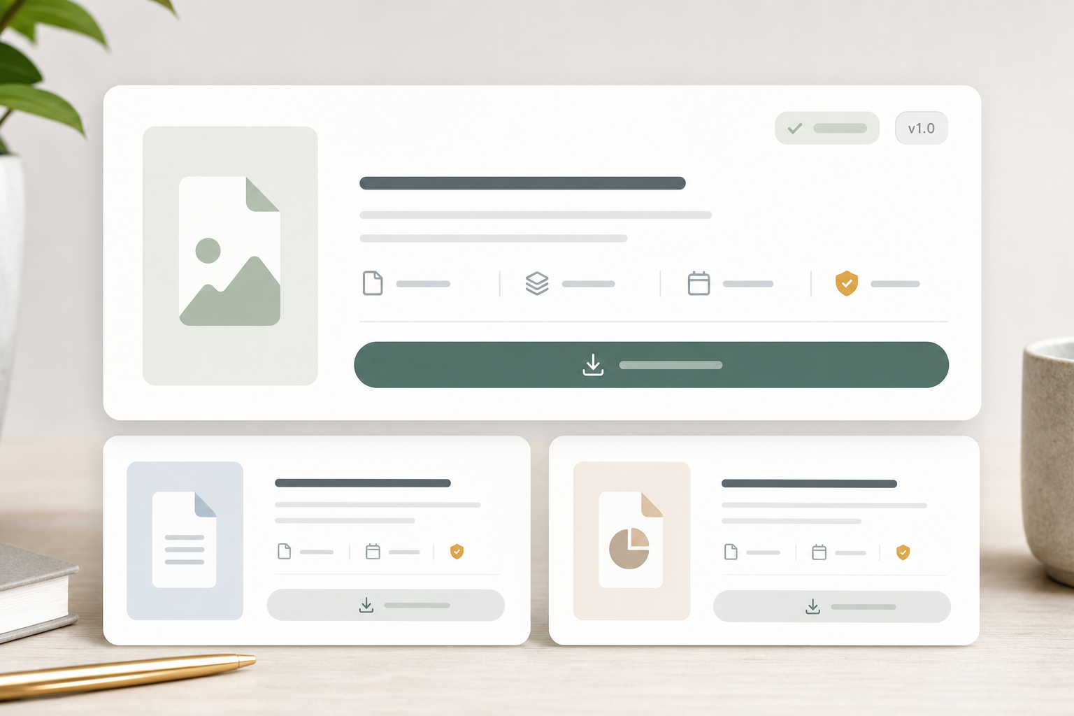 Editorial download card module with resource cards, file state, version marker, and action control.