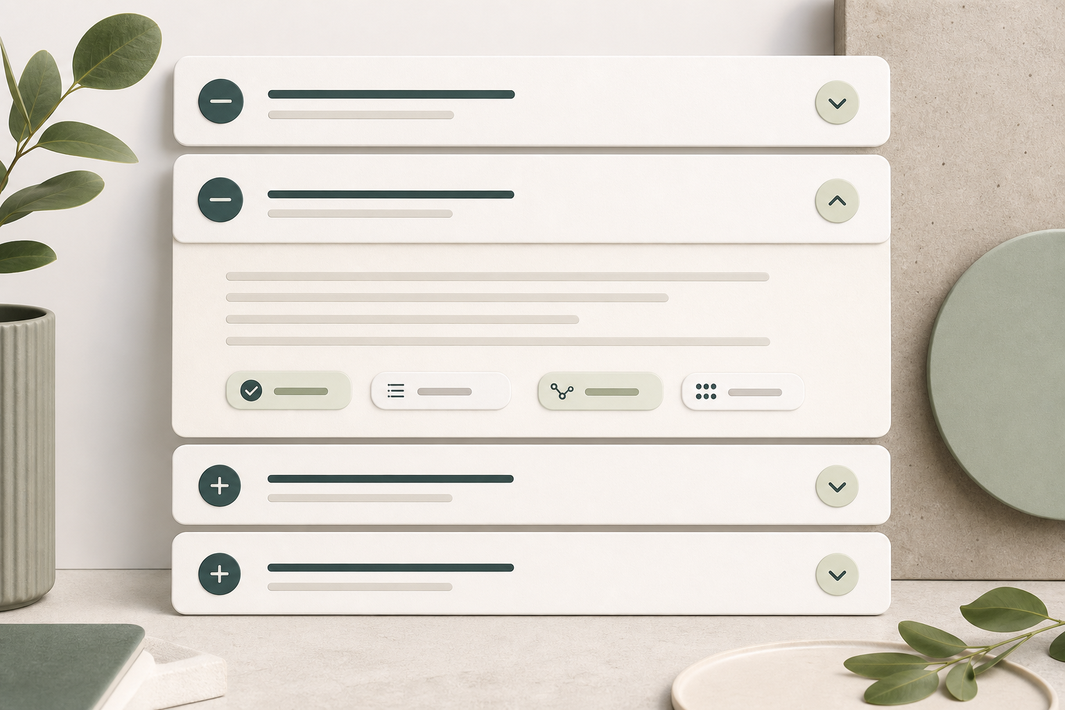 Editorial FAQ accordion layout with accessible help rows.