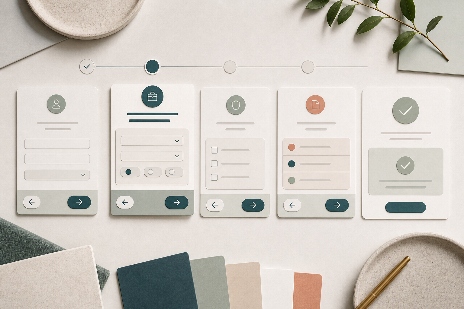 Editorial multi-step form flow with progress cards and validation states.