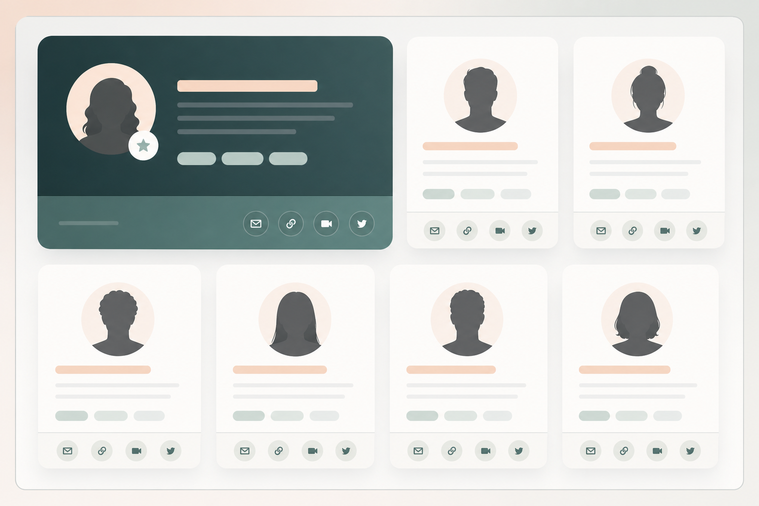 Editorial instructor card grid with profile placeholders, tags, and contact controls.