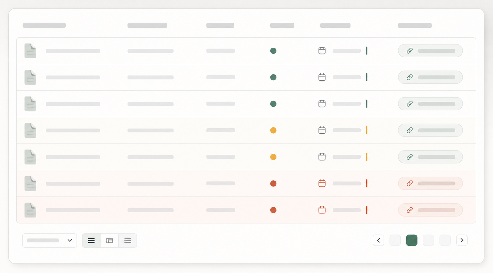 Editorial invoice table module with ledger rows, status pills, due markers, action buttons, and pagination.