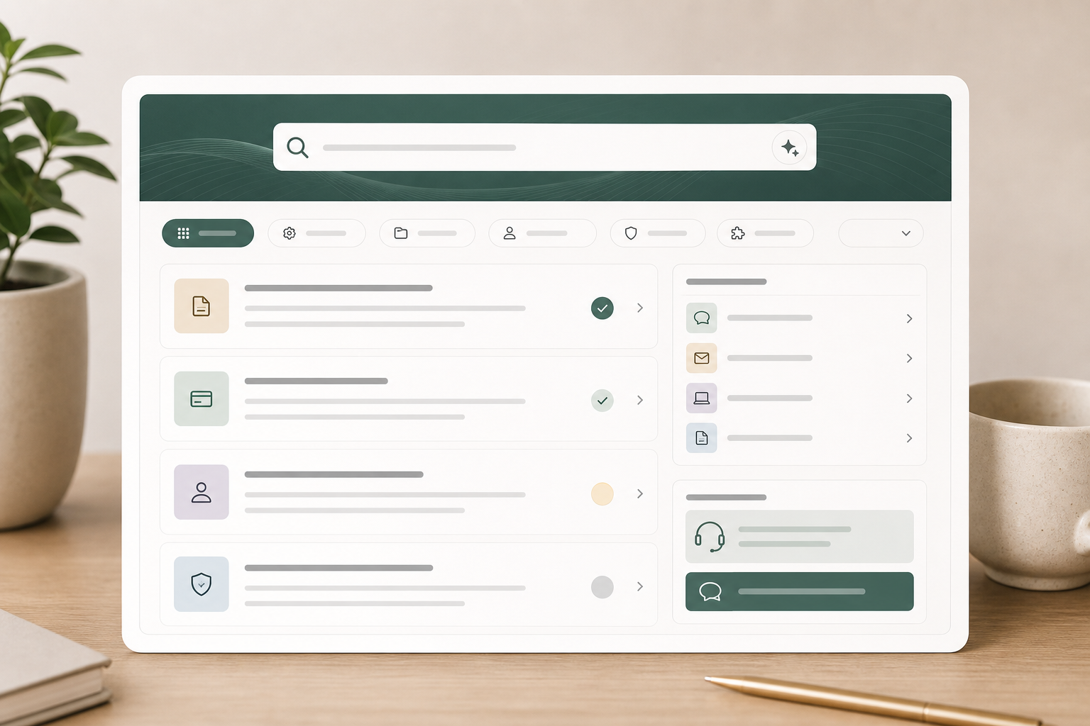 Editorial knowledge base search module with results, filters, and resolution states.