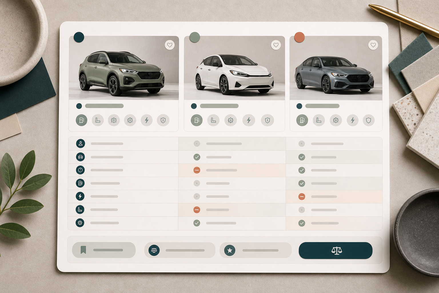 Editorial listing comparison columns with aligned features and decision markers.