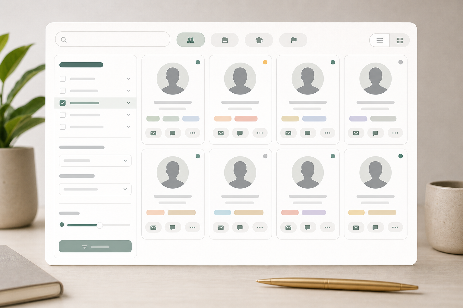 Editorial member directory with profile cards, roles, groups, and activity states.
