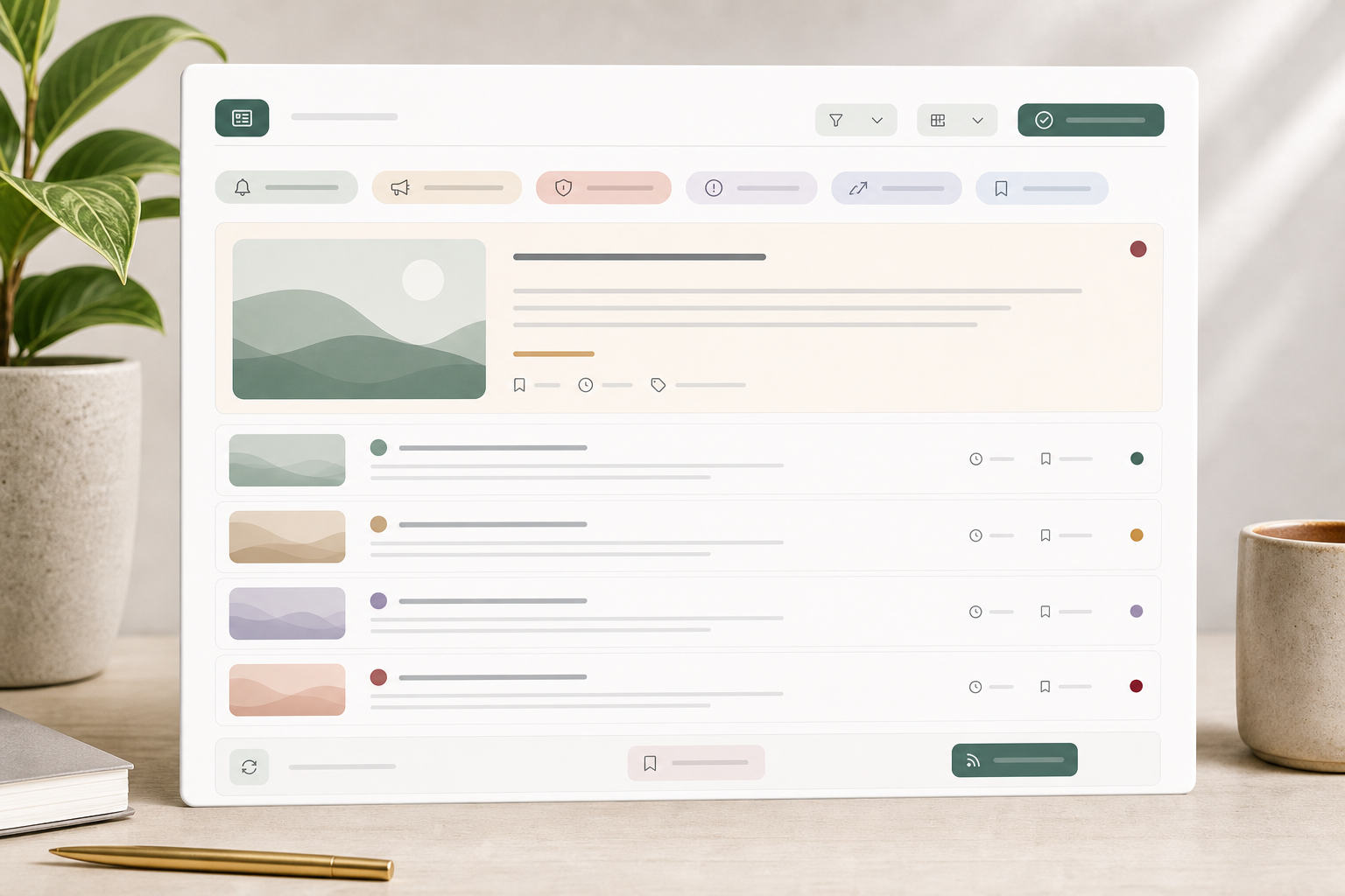 Editorial news feed module with lead story panel, update rows, filters, and status markers.