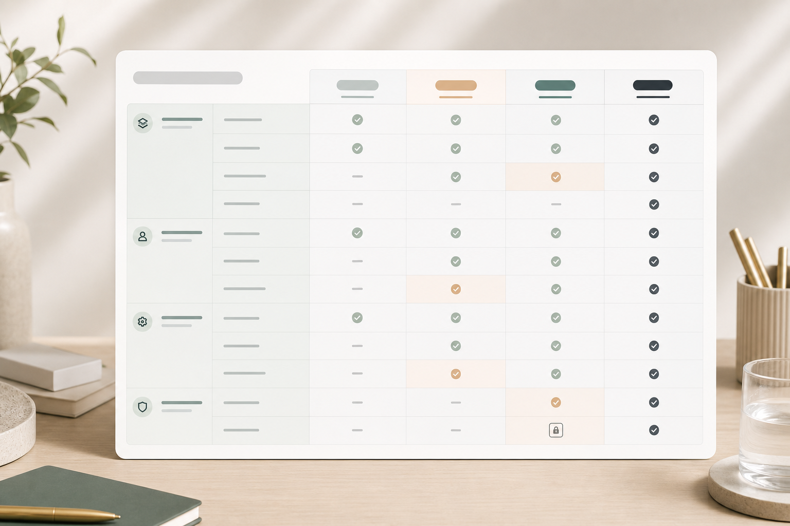 Editorial plan comparison module with grouped feature rows, plan columns, and difference markers.