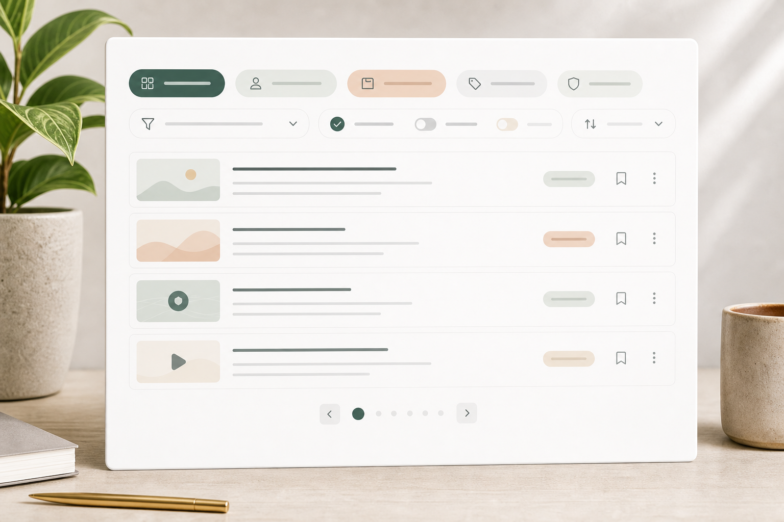 Editorial filterable post list with filter rail, article cards, and selected states.