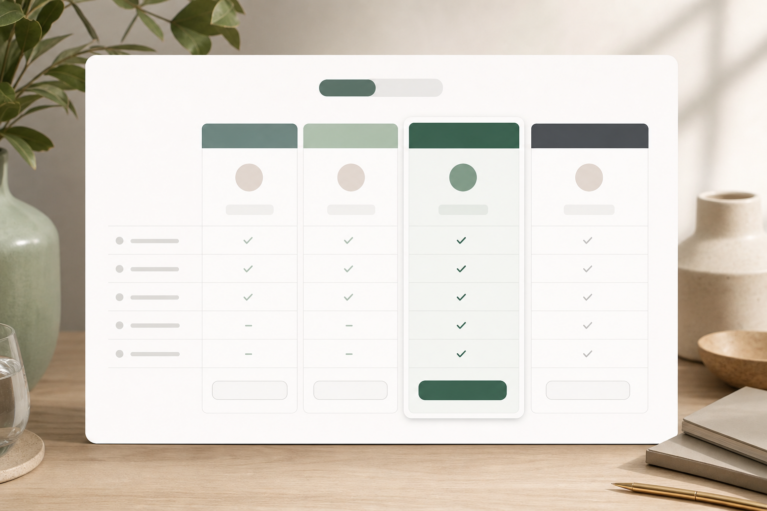Editorial pricing table module with plan columns, featured state, billing marker, and CTA rows.
