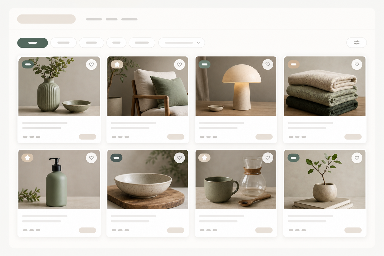 Editorial product grid module with product cards, filter chips, badges, and card hierarchy.