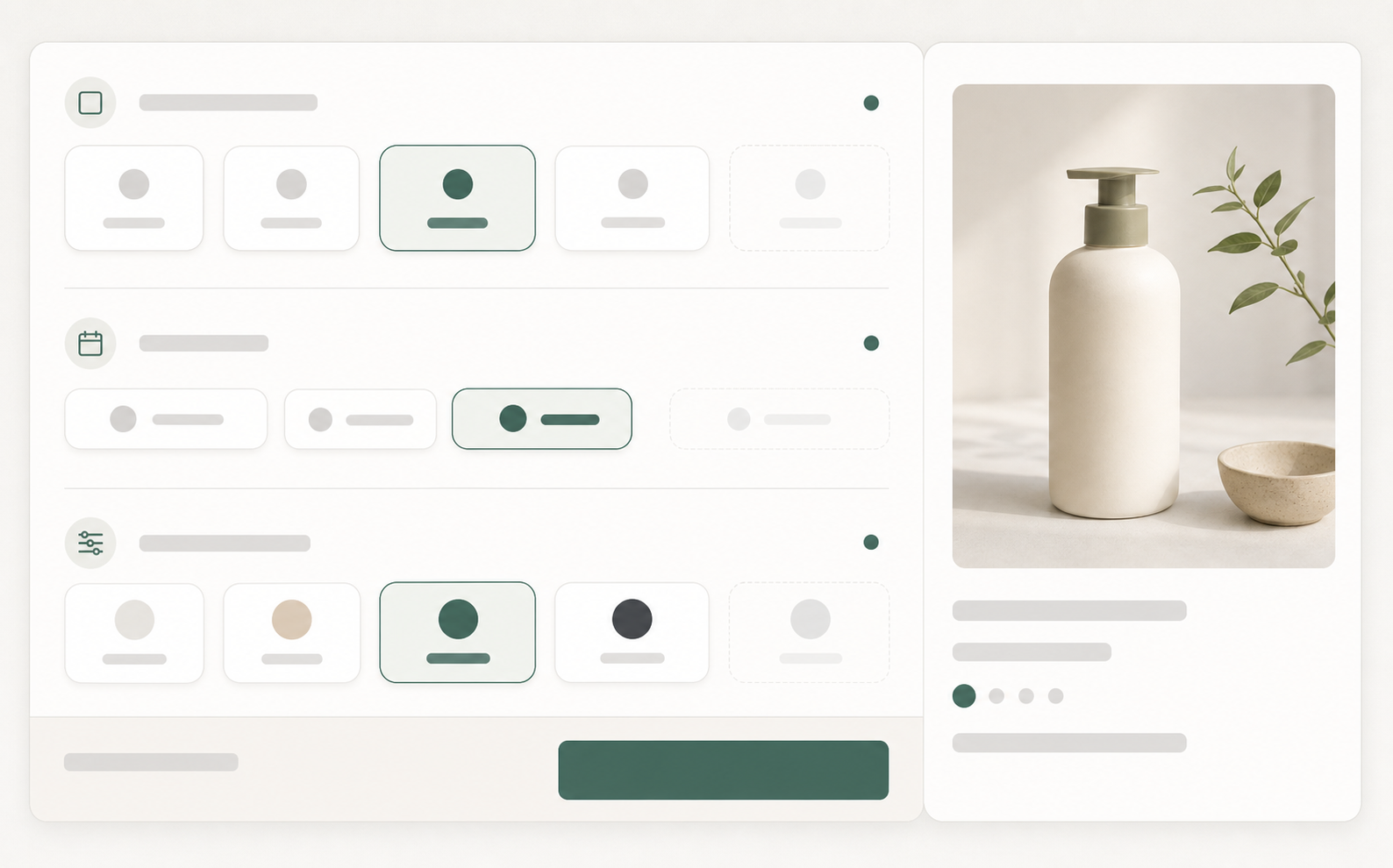 Editorial product variant picker module with option chips, selected state, and availability markers.