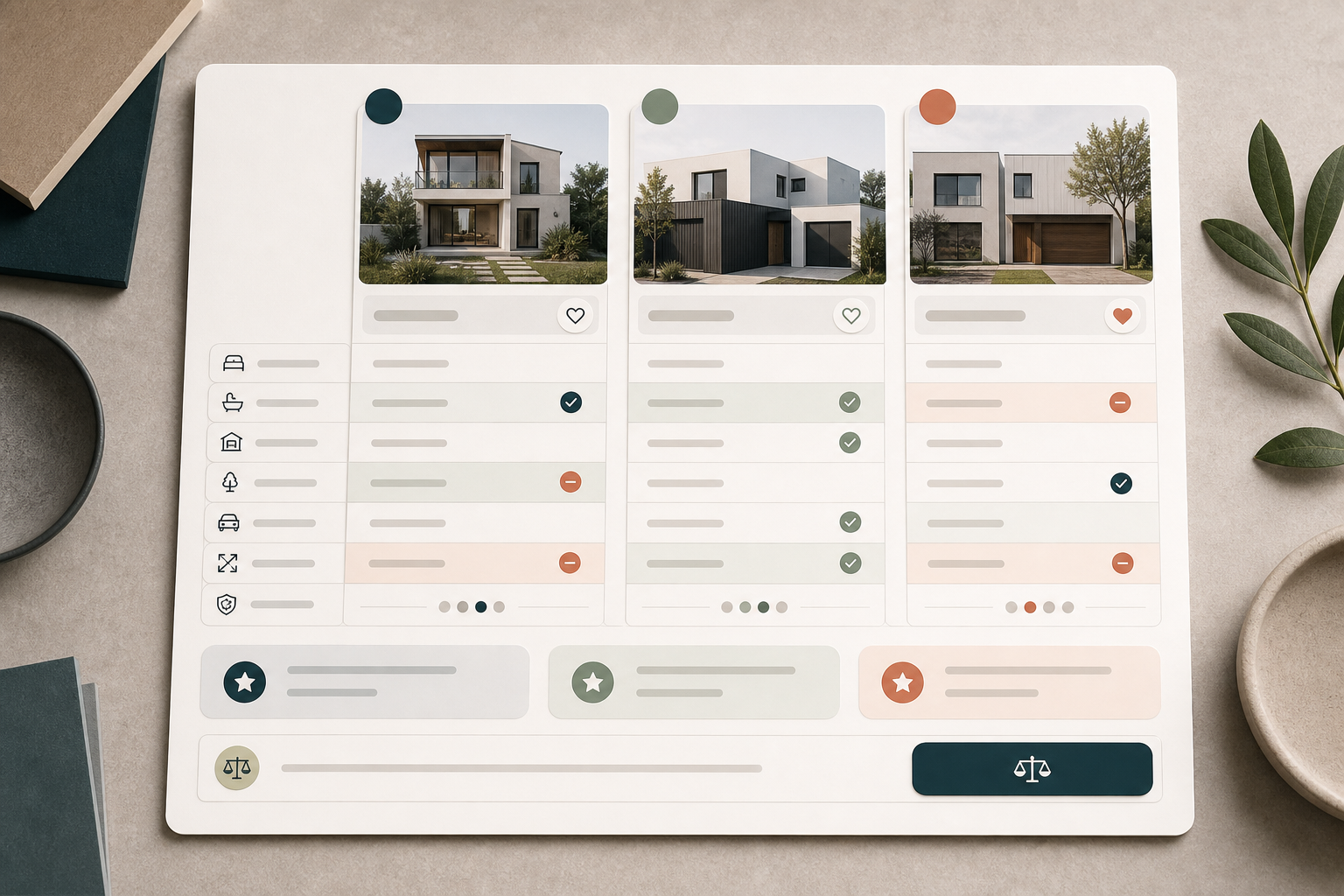 Editorial property comparison table with aligned cards and difference markers.