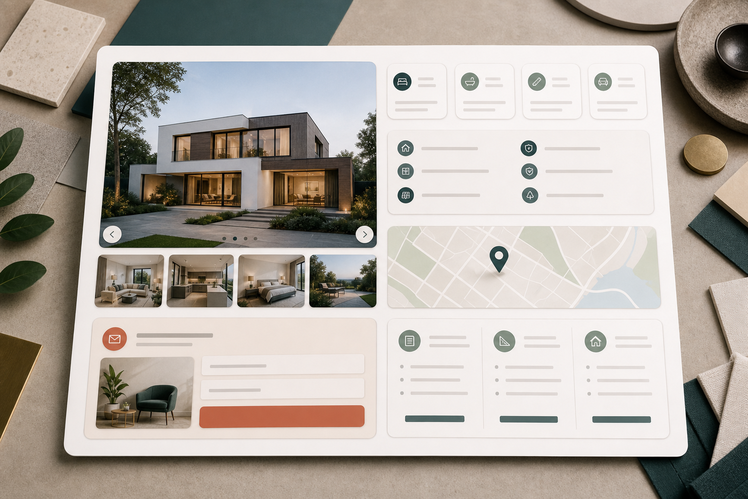 Editorial property detail layout with gallery, key facts, map, and enquiry area.