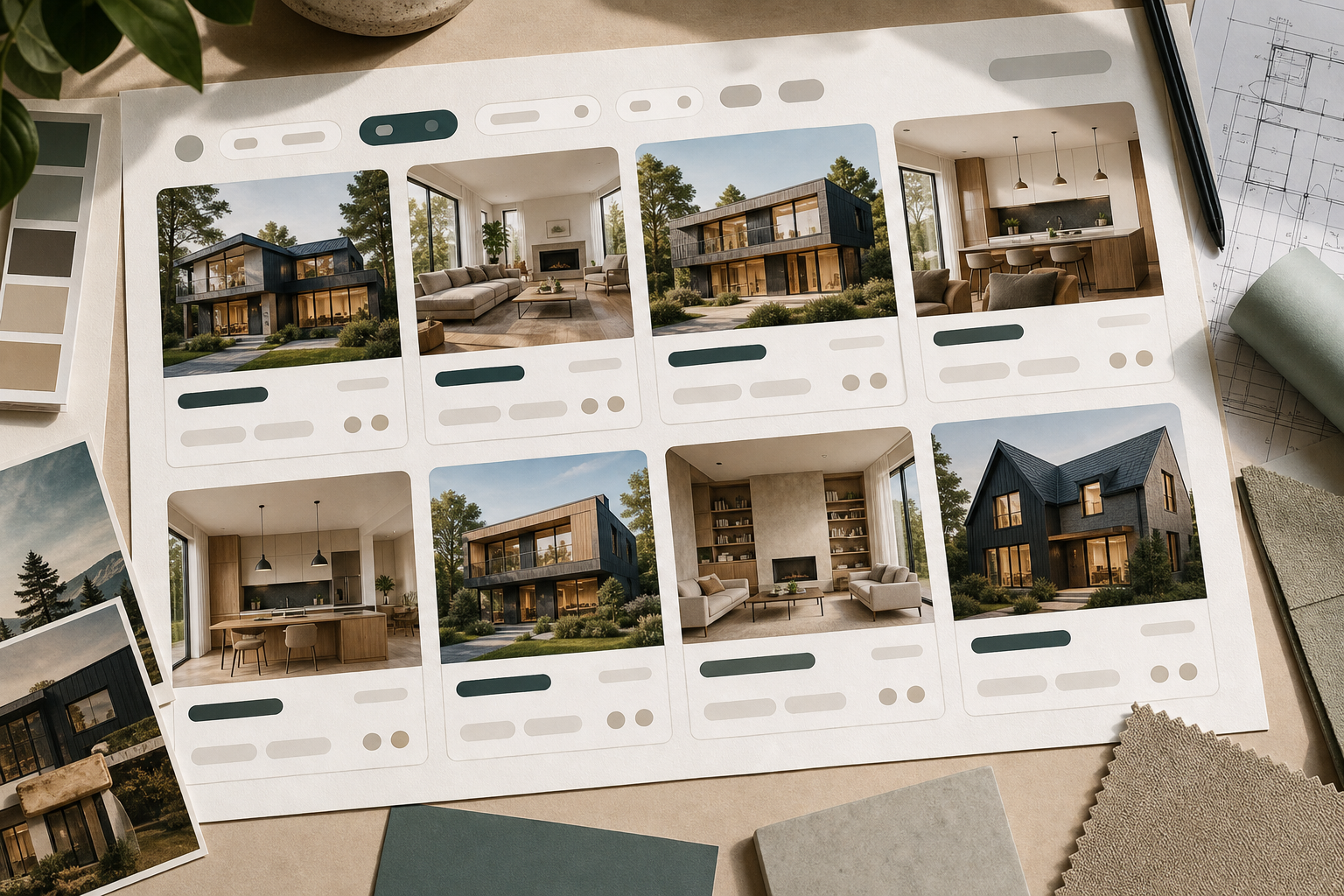 Editorial property listing grid with architectural media cards and abstract filters.
