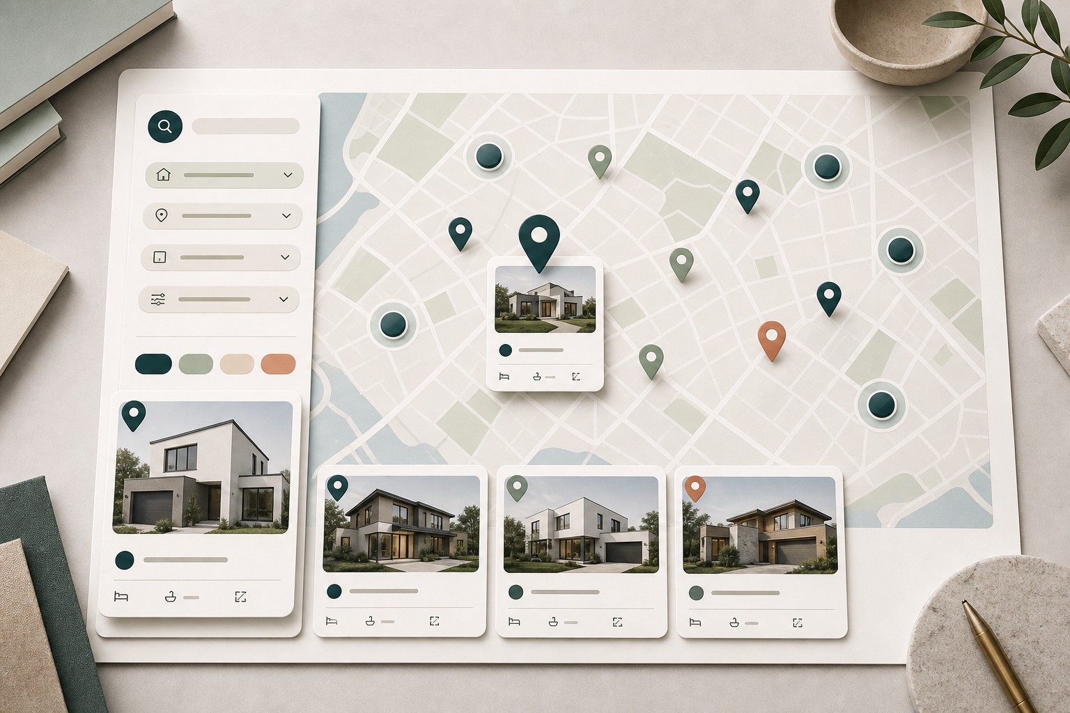 Editorial map-based property explorer with listing pins and preview cards.