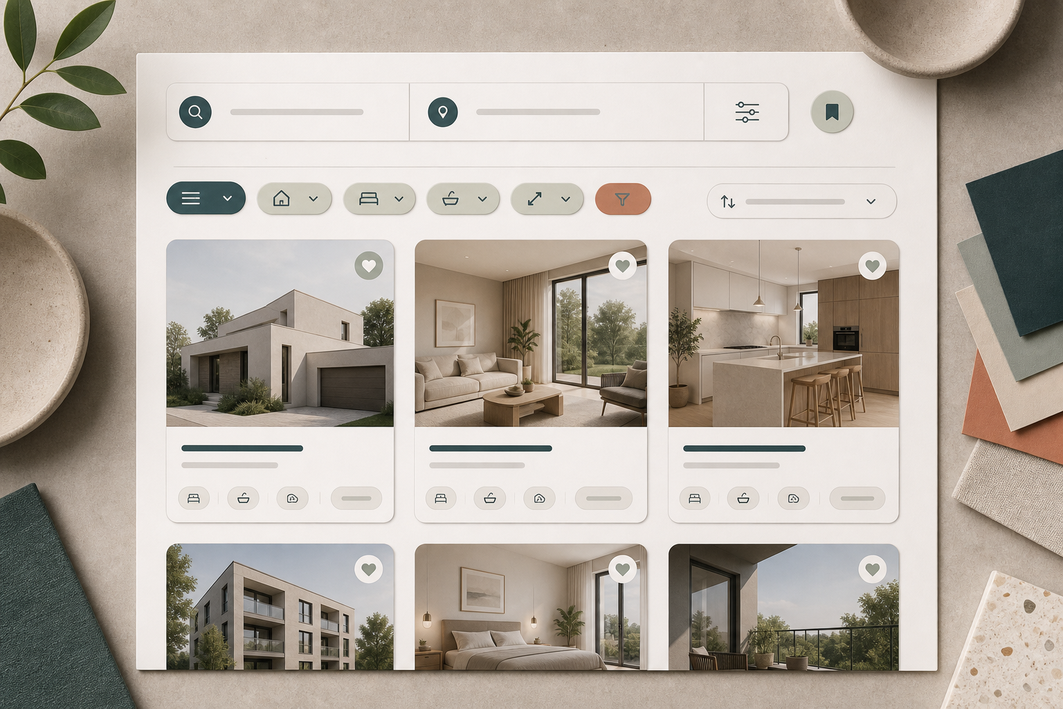 Editorial property search surface with search controls, filters, and result cards.