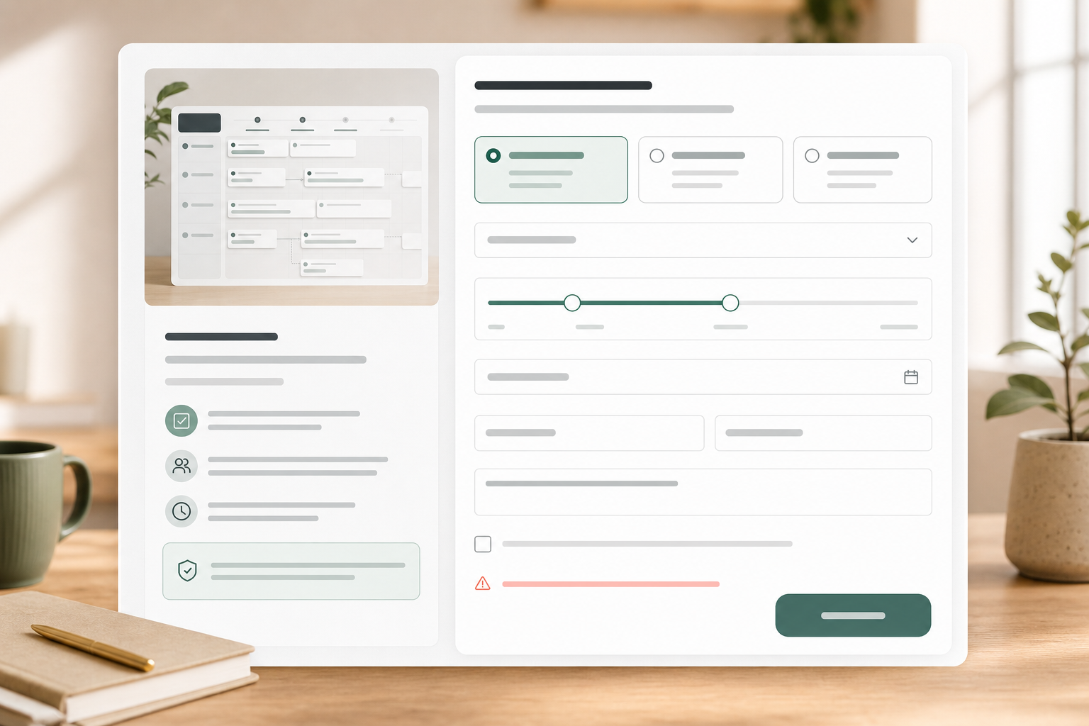 Editorial quote request form module with service context, budget range, timeline field, and consent row.