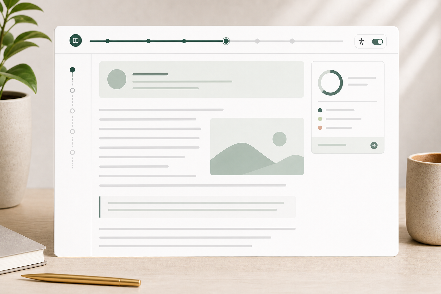 Editorial reading progress module with article progress bar, checkpoints, and summary card.