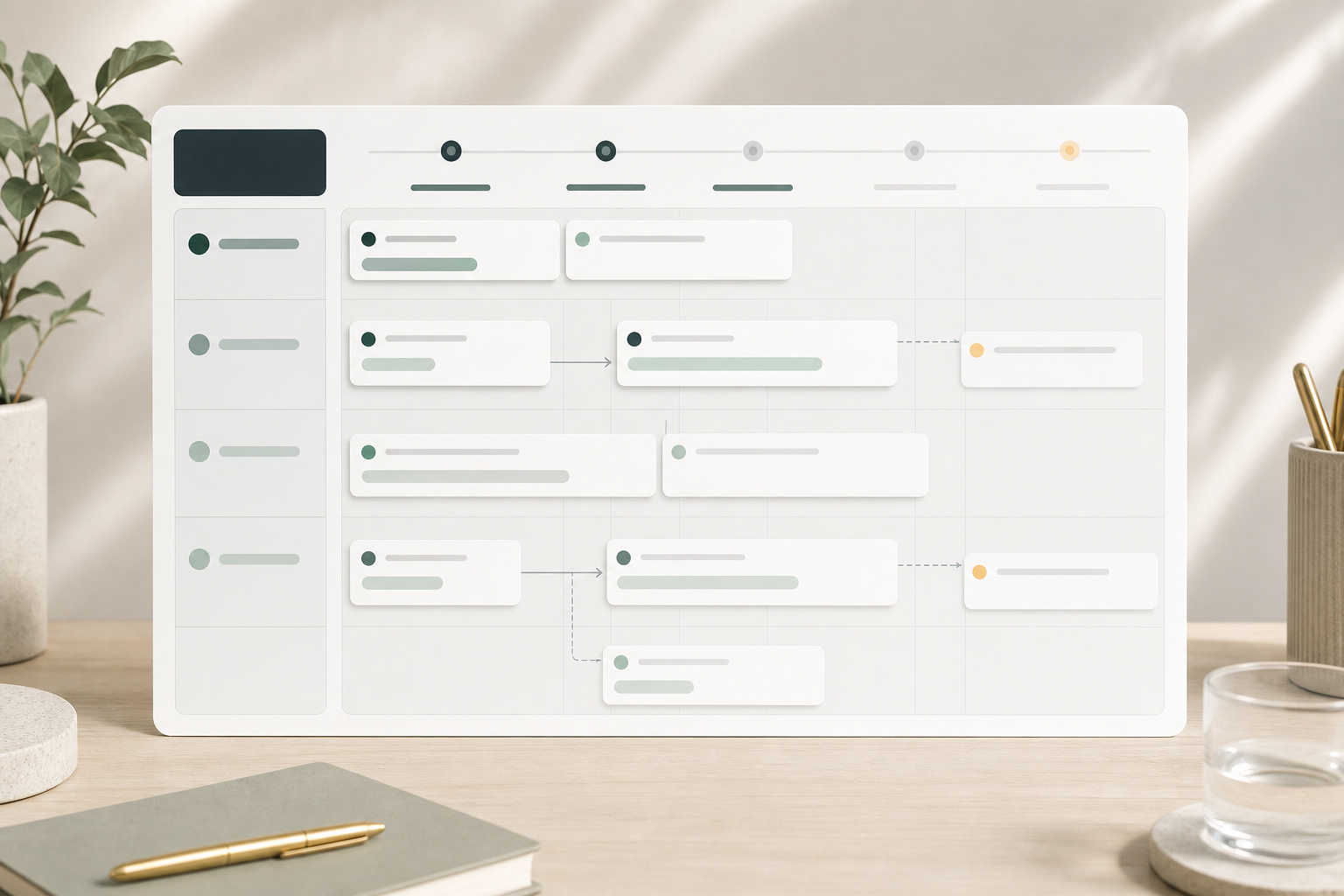 Editorial roadmap board module with milestone lanes, release cards, and status markers.