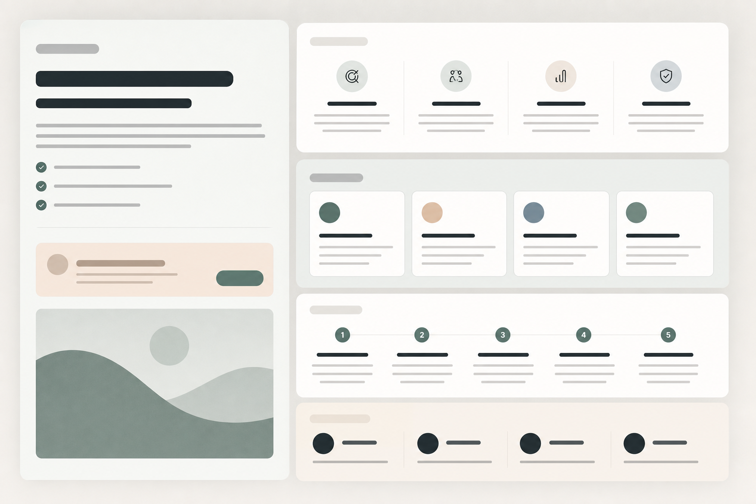 Editorial service detail blocks module with summary, benefit cards, scope rows, and process blocks.