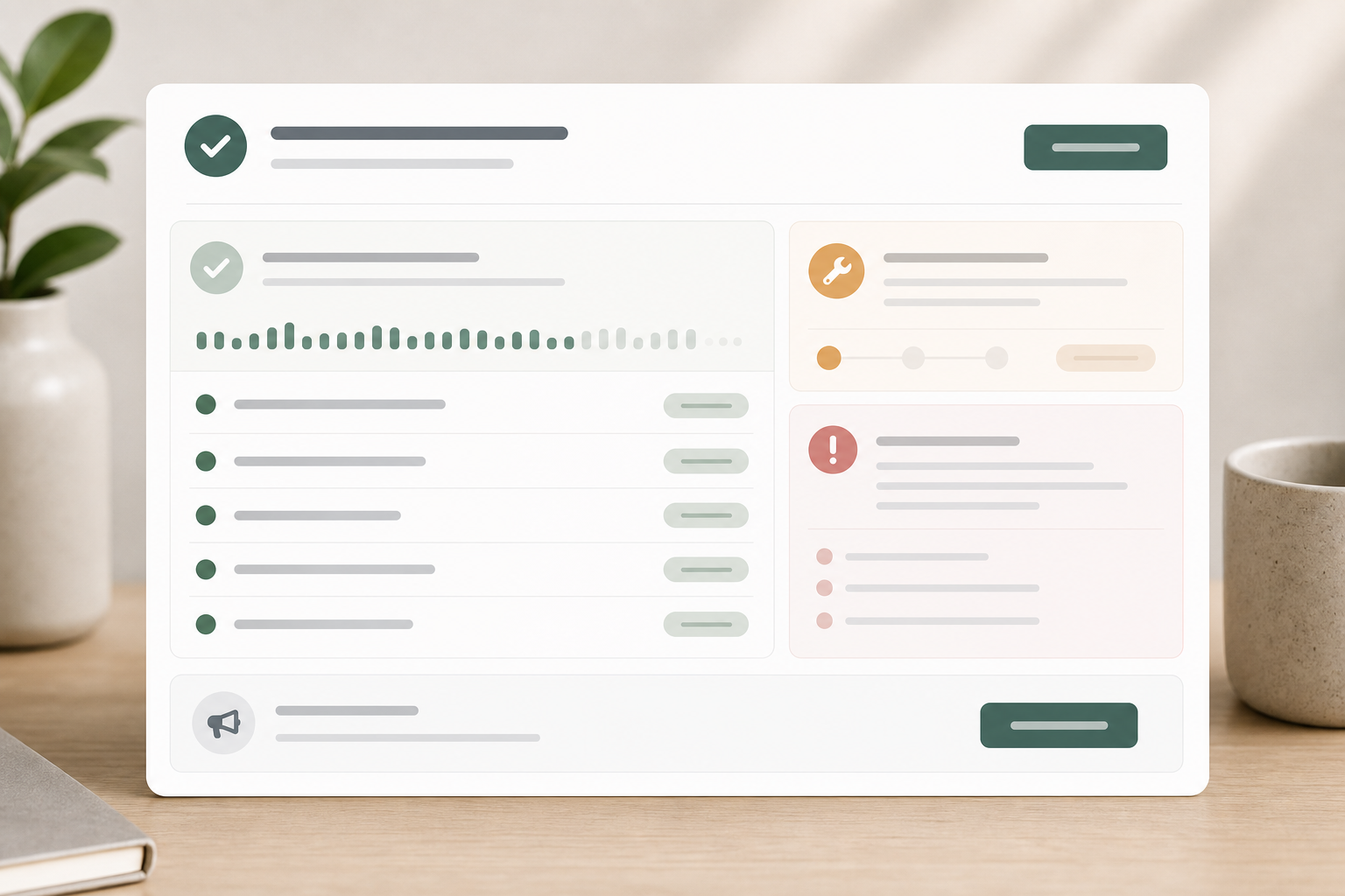 Editorial status page summary with component health, maintenance, and incident states.