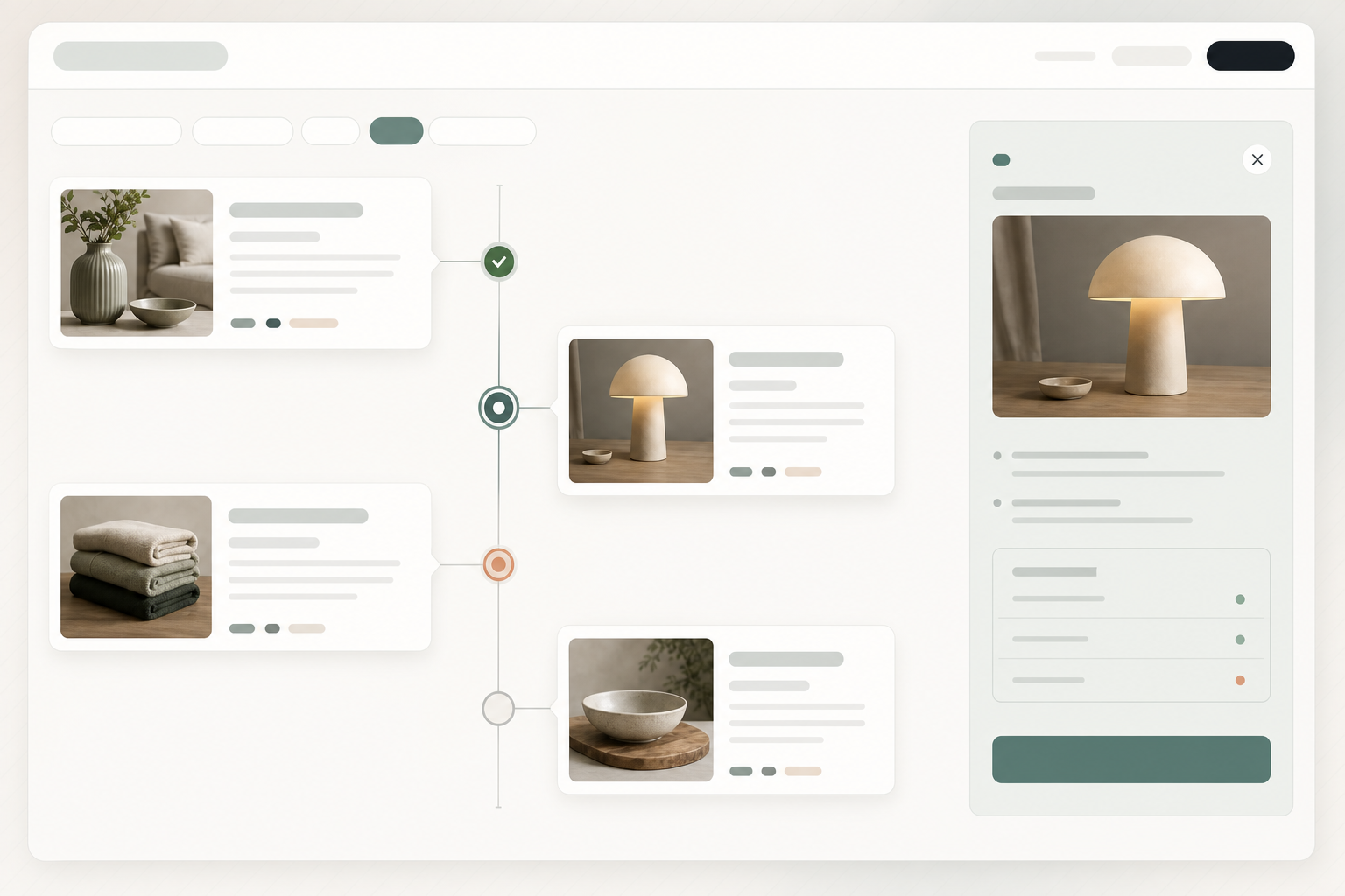 Editorial timeline module with milestone cards, completed and upcoming markers, and detail panel.